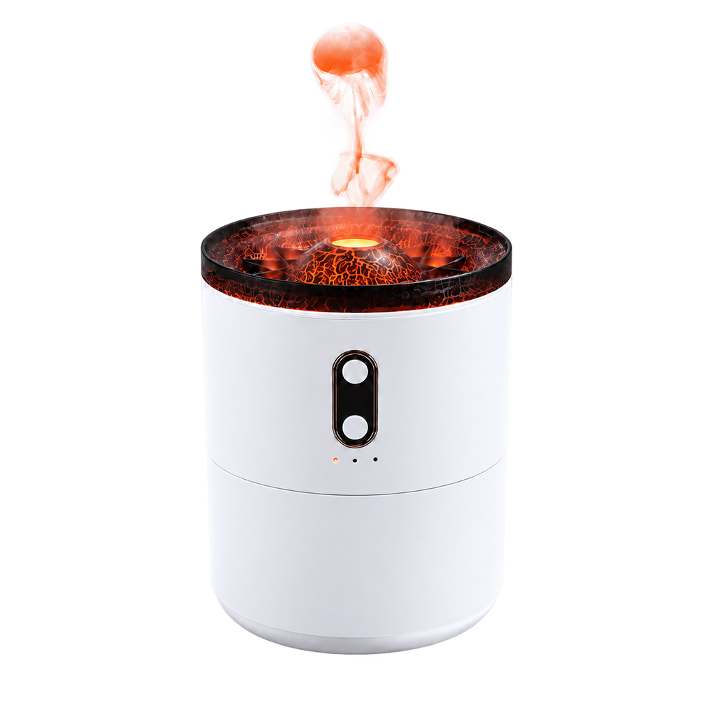 Volcano Mist Diffuser with glowing orange light and a floating jellyfish-like mist ring