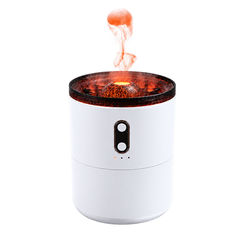Volcano Mist Diffuser with glowing orange light and a floating jellyfish-like mist ring