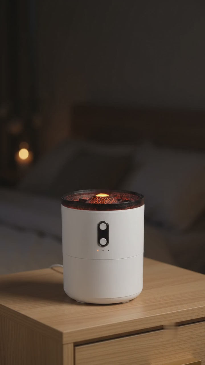 Volcano Mist Diffuser blowing glowing mist rings on a bedside table